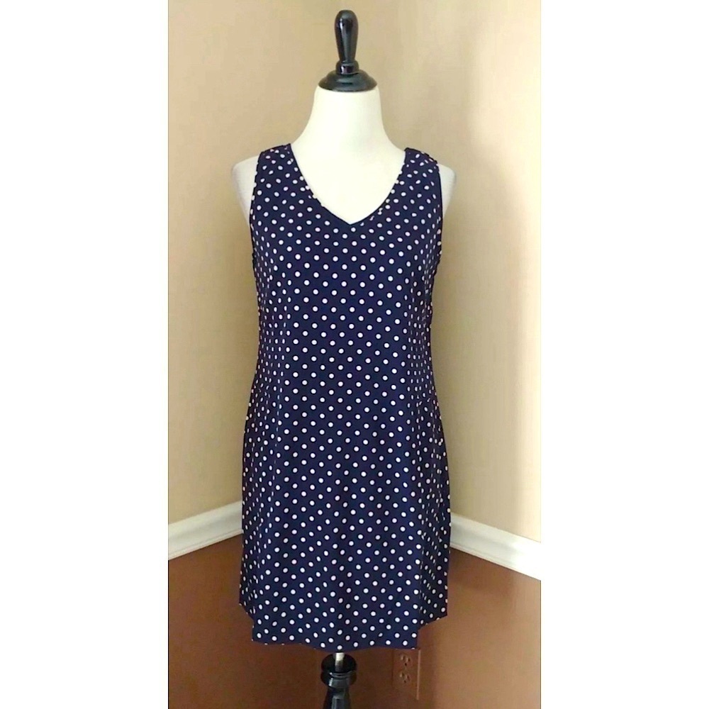 Navy Blue Ivory Polka Dots V-Neck Shift Dress Sleeveless Size Medium NEW